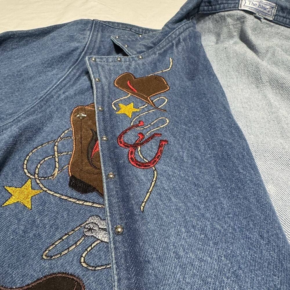 The Blue Western Cowboy Denim Jacket Embroidered Boots Hats Stars Size M - Picture 5 of 10